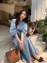 Vestidos de fiesta Fundamentos de verano para mujer Vestido de pliegues largos de algodón Haze Blue Straight Maxi Jersey Sundress Estilo Coreano