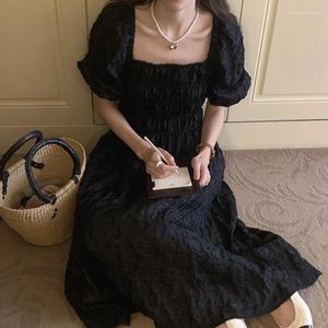 Robes de soirée femmes été Vintage plis longue robe noire tissu Jacquard taille haute a-ligne robe d'été Style français