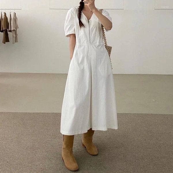 Robes de soirée femmes été Vintage longue robe unie col en V fermeture éclair Simple a-ligne Maxi robe d'été Style français Sarafans 2024