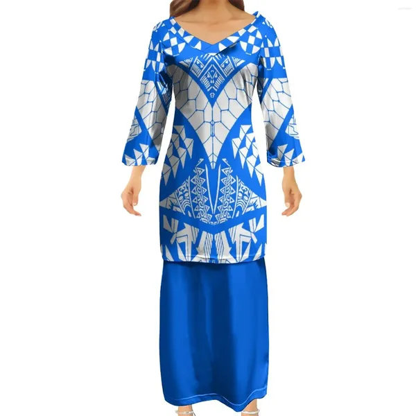 Robes de soirée Jupe longue deux pièces pour femmes Coupe ample Grand col en V Style polynésien Puletasi Vêtements Conception tribale samoane