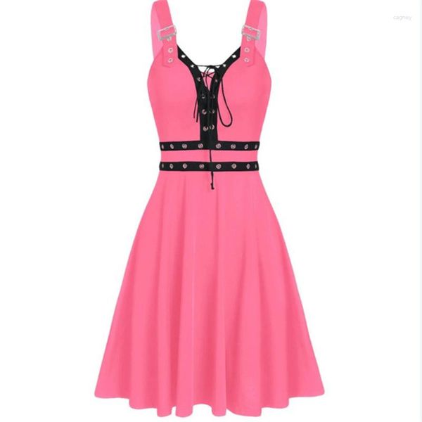 Vestidos de fiesta Mujeres Sexy Gótico Profundo Cuello en V Otoño Punk Sin mangas Remache Moda Túnica Hip Hop Vendaje Vestido femenino