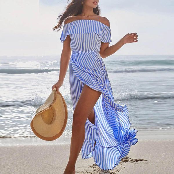 Vestidos de fiesta Mujeres Sexy Off Hombro Vestido largo Elegante Volante Azul Raya Frontal Split Maxi Ladies Summer Bohemian Beach