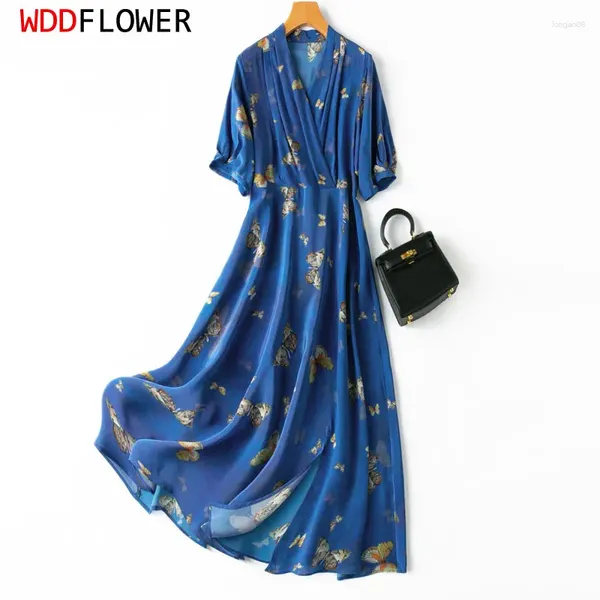 Robes de fête Femmes Silk Maxi Robe Mulberry Crepe Blue Butterfly Imprimé V Neck 2024 Fashion Mide Big Hem M L XL MM746