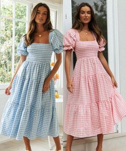 Robes de soirée femmes printemps été Style dame décontracté manches courtes lanterne col carré Plaid imprimé SS3889 230508