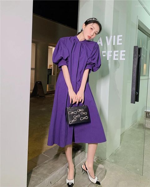 Robes de fête Femmes Spring / été Vintage Balon Sleeve Long Robe Purple Loose A-line Jupe Small Stand Collar Female Vêtements