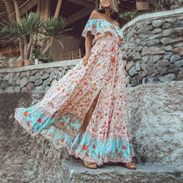 Vestidos de fiesta Mujeres Vestidos de verano Bohemio Plisos impresos Largos fuera de los hombros Beacha Maxi Damas Vestidos