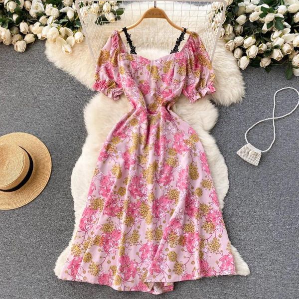 Robes de soirée femmes robe d'été pour vacances fleur imprimé manches bouffantes Boho plage jupe rose fée dames smocké longue femme Gala