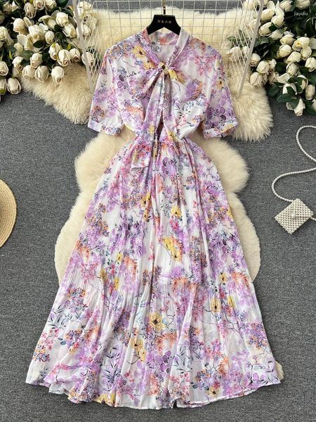 Robes De Soirée Femmes Robe D'été Français Vintage À Lacets Noeud Papillon Fragmenté Fleur Taille Enveloppé Bulle Manches Mince A-ligne En Mousseline De Soie D3870