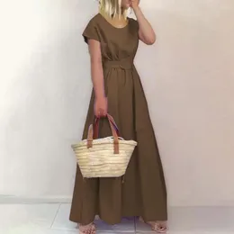 Robes de fête Femmes Robe d'été Clain à manches courtes Plaine Fashion coréenne Tulat A-Line Long Swing Casual Casual Simple Neck Woman Vêtements