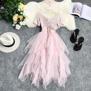 Robes de fête Femmes Summer Lace Up Bandage Voile Bow Ball Ball Lady Elastic Slim Taile Gauze Gauze Tulle Pullor Irregular Layer Cake Gake Robe