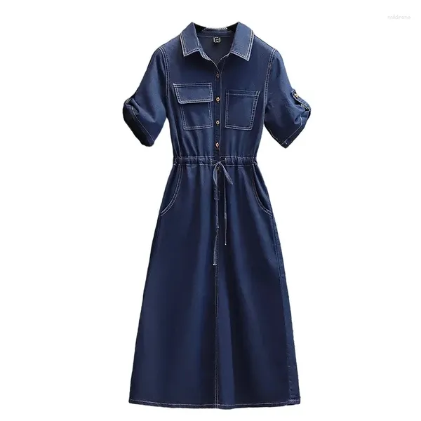 Robes de fête Femmes Été à manches courtes Bouton Bouton MIDI Long Denim Shirt Robe Take Taontre Loose Jean droit avec poches A1194