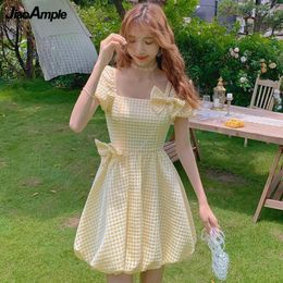 Robes de fête Femmes Sweet Bowknot Mini robe Summer 2024 Japon coréen mignon mignon lanterne manche robe de bal à manches dame gracieuse jaune