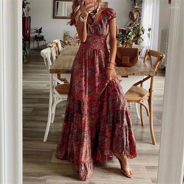 Robes de soirée femmes col en V à manches courtes Polyester coton Vintage décontracté imprimé Tribal taille élastique Maxi robe femme Vestidos