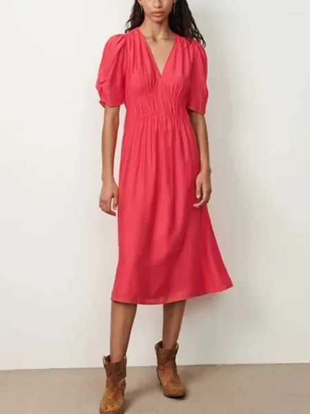 Robes de fête Femmes V-Neck Couleur solide MIDI Robe 2024 Début de printemps à manches bouffées courtes Messelles All-Match Elastic High