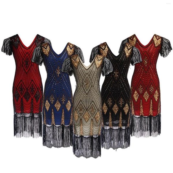 Vestidos de fiesta para mujer 1920s Vintage Flapper Great Gatsby Vestido con cuello en V Lentejuelas Borla Fringe Midi Art Cocktail Banquet Vestidos