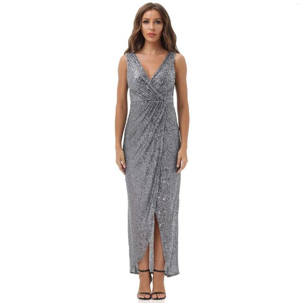 Robes de soirée Robe maxi pour femme Robe de soirée longue à sequins brillants Robe de soirée formelle en V profond sans manches Gris de demoiselle d'honneur