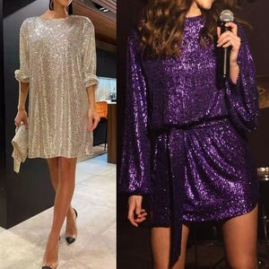 Party Dresses Womens Puff Long Sleeve Glitter Sequin Dress with Belt Evening Wedding Bridesmaid Sparkly Loose Fit Mini Short Dresses 230322