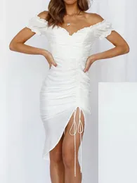 Robes de fête Xeasy vintage imprimé manche bouffée cordon de cordon 2024 mode d'été femelle v cou de cou de coude sexy