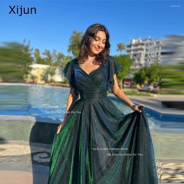 Robes de fête Xijun paillettes longues Elegant Elegant A-Line V-Neck Foral Prom Foral for Women Gowns 2024 Vestidos de Novia Green