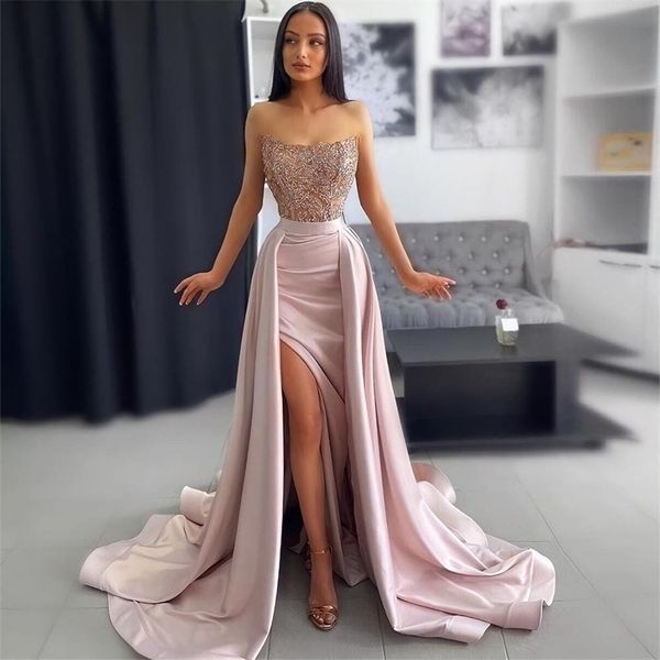 Robes de soirée Xijun haut côté fendu satin sirène robes de soirée avec train amovible dentelle appliques perles pli froncé fête robe de bal 220923