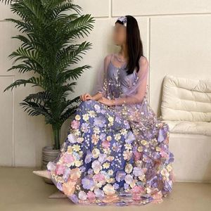Robes de fête Xijun Lavender 3D Fleurs en tulle floral Prom O-Neck Manches longues Saudi Arabe A-Line Robes Forme