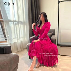 Feestjurken xijun roze eenvoudige avondjurk formele prom gelegenheid dubai lange mouwen v-neck jurns vloer lengte 2024