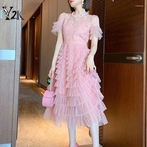 Feestjurken y2k kleding zomer roze kanten mesh midi lange jurk ZEVITY ZEVITY Fairy Sweet Elegant Frans Robe met korte mouwen