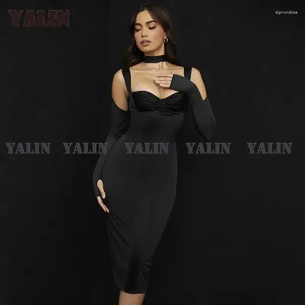 Robe de fête Yalin Sexy High Neck Bodycon Robe Celebrity Evening Club Club Night Robe pour fille Little Black Vestidos de Fiesta Largos 2024