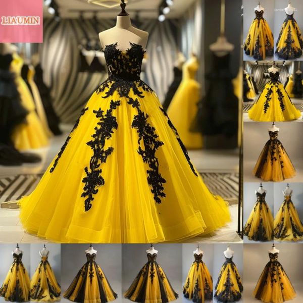 Robes de fête jaunes et noir dentelle applique sans bretelles robe de bal de bal longueur de sol en soirée