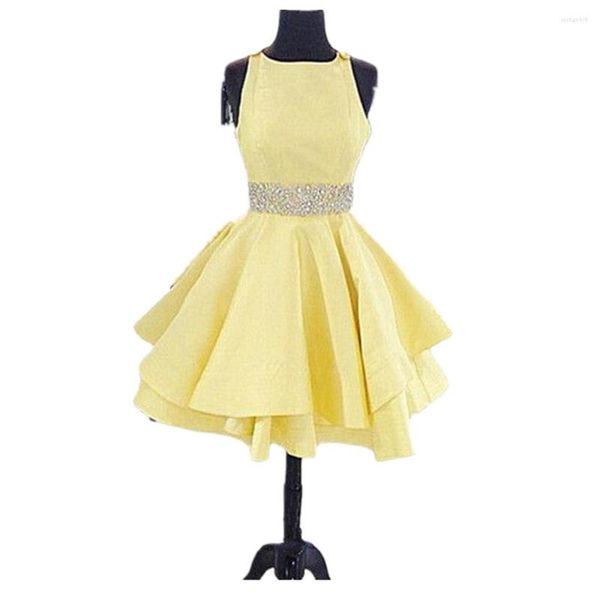 Vestidos de fiesta Cross amarillo Back Boat Neck Homecoming A Line Boaded Girls Junior Dance Graduación Formal Mini Cóctel ¡Vestidos de fiesta