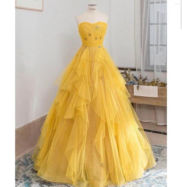 Robes de fête robe de soirée jaune 2024 occasion spéciale Tullle fatiguée à la main Fleurs en cristal célèbres concepteurs de créateurs