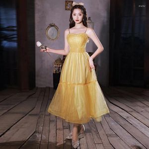 Robes de soirée robe de soirée jaune bretelles spaghetti sans bretelles longueur cheville élégante simple froncée a-ligne grande taille femmes robe formelle C1668