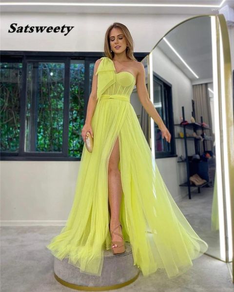 Robes de fête jaunes une épaule de bal Hobe une ligne tulle chérie robes de soirée formelles corset high fente simple long