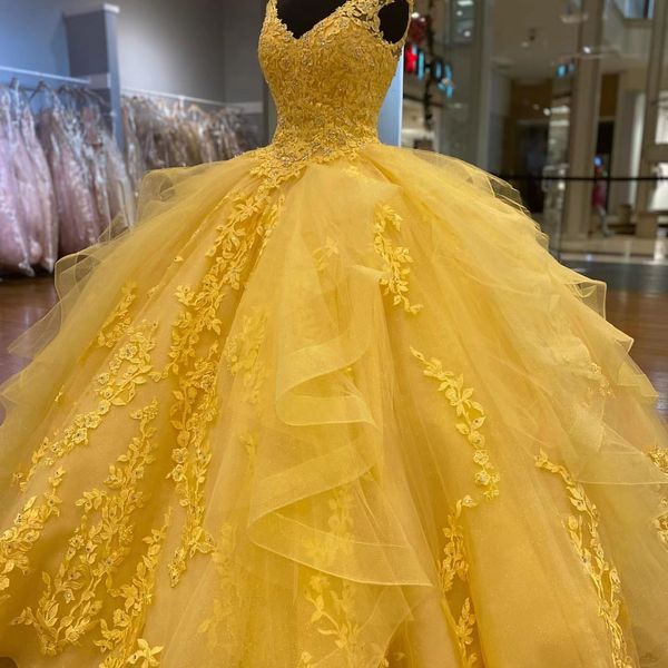 Vestidos De fiesta amarillo Quinceañera rebordear apliques De lentejuelas arco tul vestido De baile nupcial princesa falda vestido De graduación batas De 230221