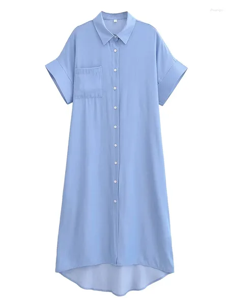 Vestidos de fiesta Yenkye 2024 Mujeres Camisa de mezclilla azul Vestido Vintage Cuello de solapa Manga corta Mujer Casual Suelta Robe de verano