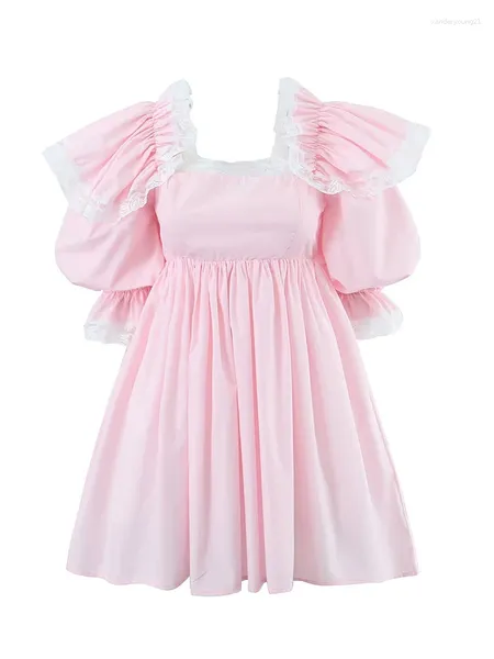 Vestidos de fiesta yenkye mujeres de encaje dulce princesa mini vestido vintage manga cuadrada cuello hembra elegante vacaciones