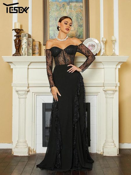 Robes de soirée Yesexy Sexy Femme Hors Épaule Panneau De Dentelle Paillettes Robe De Bal De Soirée Noire