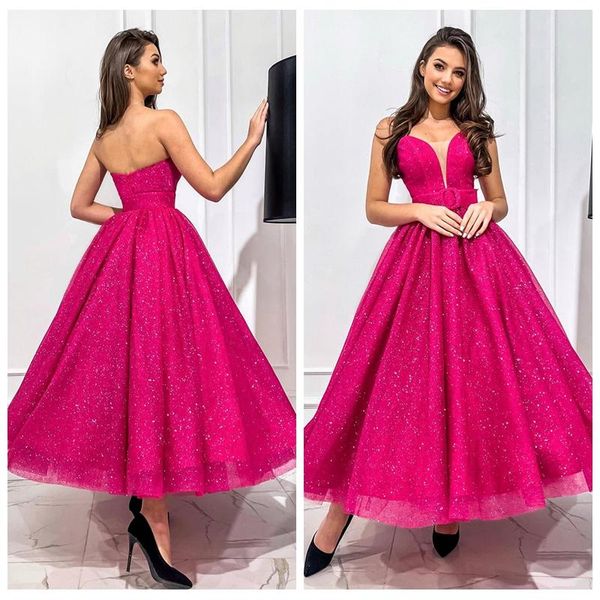 Vestidos de fiesta Yipeisha Sweetheart Fucsia Fuchsia Prom Vestido Glitter Tul Tulle Hopfy Homecoming Corta ocasión formal Wearparty