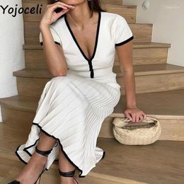 Robes de fête yojoceli femmes sexy robe tricotée d'été 2 pièces décontractées jupe plissée blanche décontractée lady v couche de cou midi vestidos