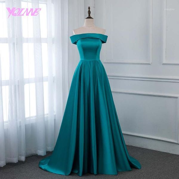 Robes de soirée YQLNNE 2021 hors de l'épaule longue bal Turquoise Satin formelle robe de soirée femmes robe fermeture éclair dos YQLNNE1