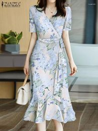 Vestidos de fiesta ZANZEA Mujeres Wrap V Cuello Midi Vestido Elegante Estampado floral Vestido Moda coreana Volantes Sirena Lazo Lado Manga corta Robe