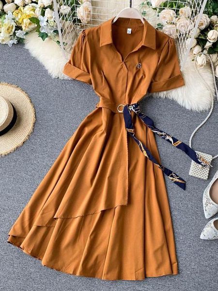 Robes de soirée ZCWXM Irregular Shirt Dress Femmes Revers Manches Courtes Summer Design Off Ladies A-line Lace Up Taille Haute Midi Rose / Jaune