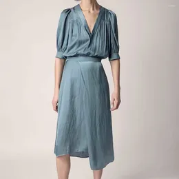 Feestjurken Zessam Blue Solid Graphic Print Women Dress V-Neck Kort Mouw Button Lady Long Rok Casual Classic Femme 2024