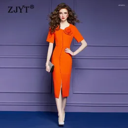 Feestjurken zjyt elegante zomer voor vrouwen 2024 luxe knoppen 3d bloemen midi rechte avondjurk korte mouw sinaasappelgewaad