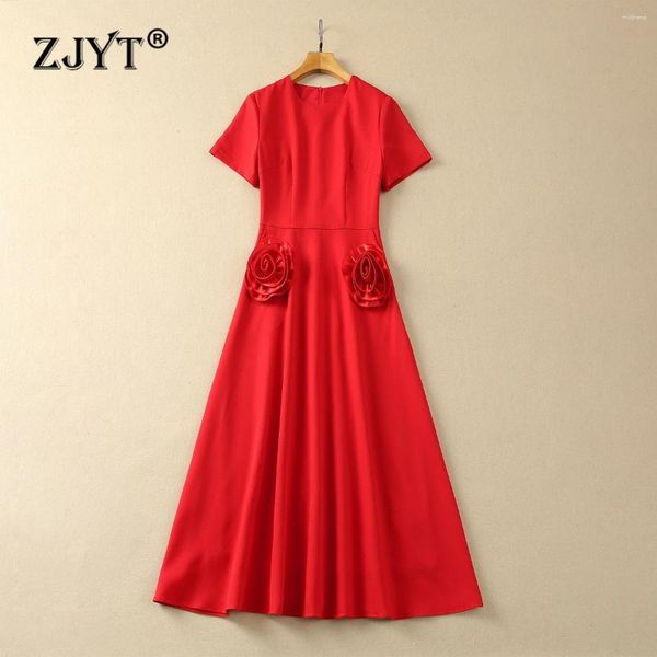 Vestidos de fiesta ZJYT Runway 2024 Verano Rojo Midi para mujeres Elegante Manga corta 3D Floral Sólido Aline Vestido Ocasión especial Robe