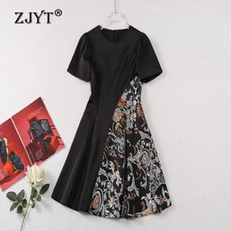 Robes de soirée ZJYT Summer Print Patchwork Vintage pour femmes Mode manches courtes Noir Casual Robe élégante 2024 Runway Designer Robe