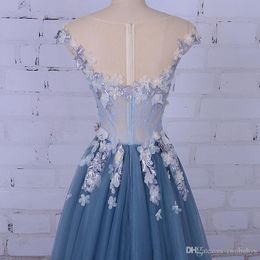 Vestido de noche de fiesta para mujer, escote redondo, decorado con flores, vestido de graduación azul, vestido de fiesta 2019309v