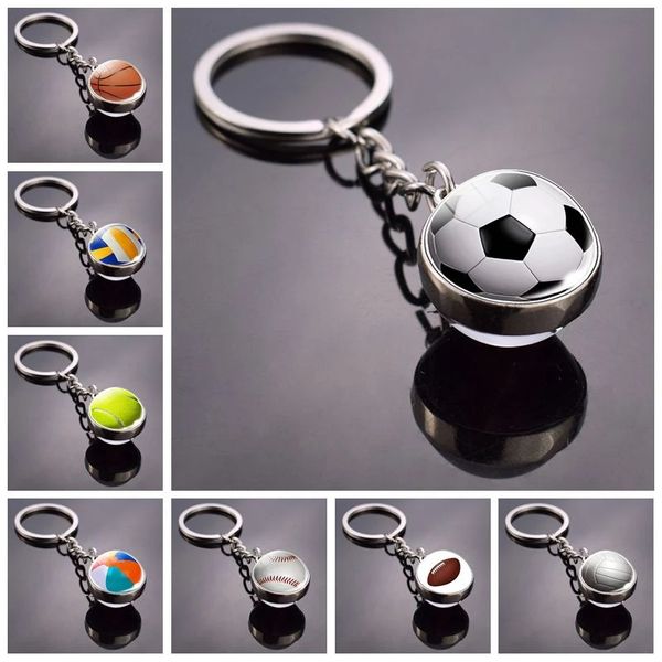 Party Fashion Glass Ball Portachiavi Calcio Pallacanestro Baseball Pallavolo Tennis Rugby Softball Immagine Ciondolo in vetro Portachiavi in metallo