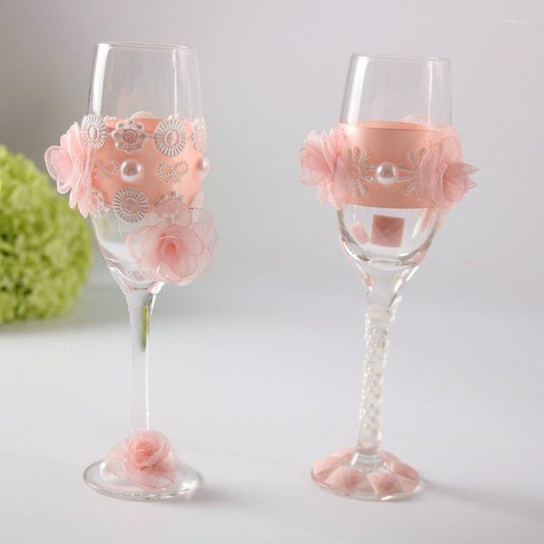 Party Favor 1 paire de verres de mariage flûtes de ficelle de Champagne grillage mariée et le marié avec fleur rose