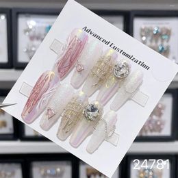 Party Favor 10 PCS Presse faite à la main sur des ongles Luxury Pinter rose Miroir de magie blanc poudre de grande chaîne de diamants